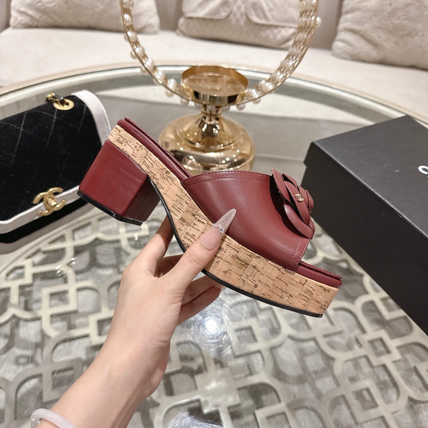 CC 26s Camellia Platform Slippers 65 Dark Red Lambskin 627046