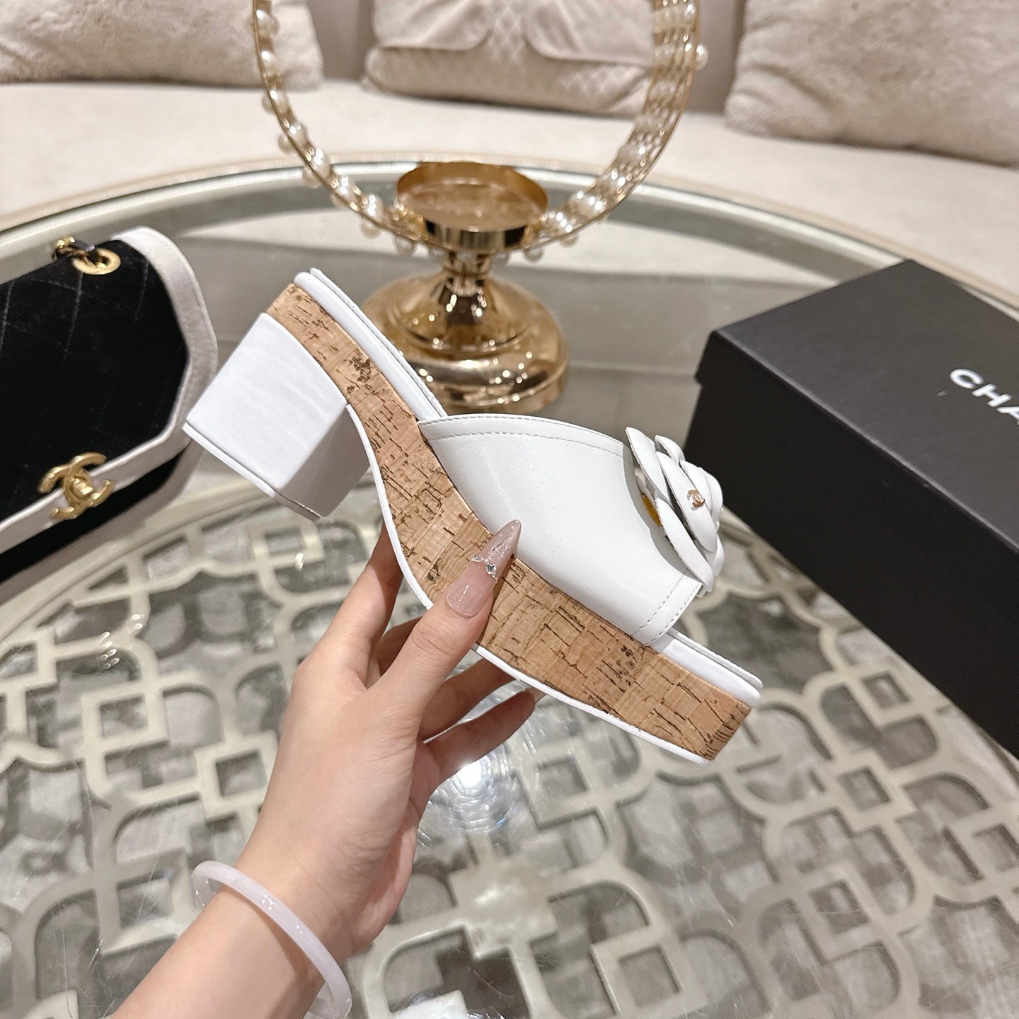 CC 26s Camellia Platform Slippers 65 White Lambskin 627047