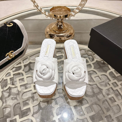CC 26s Camellia Platform Slippers 65 White Lambskin 627047
