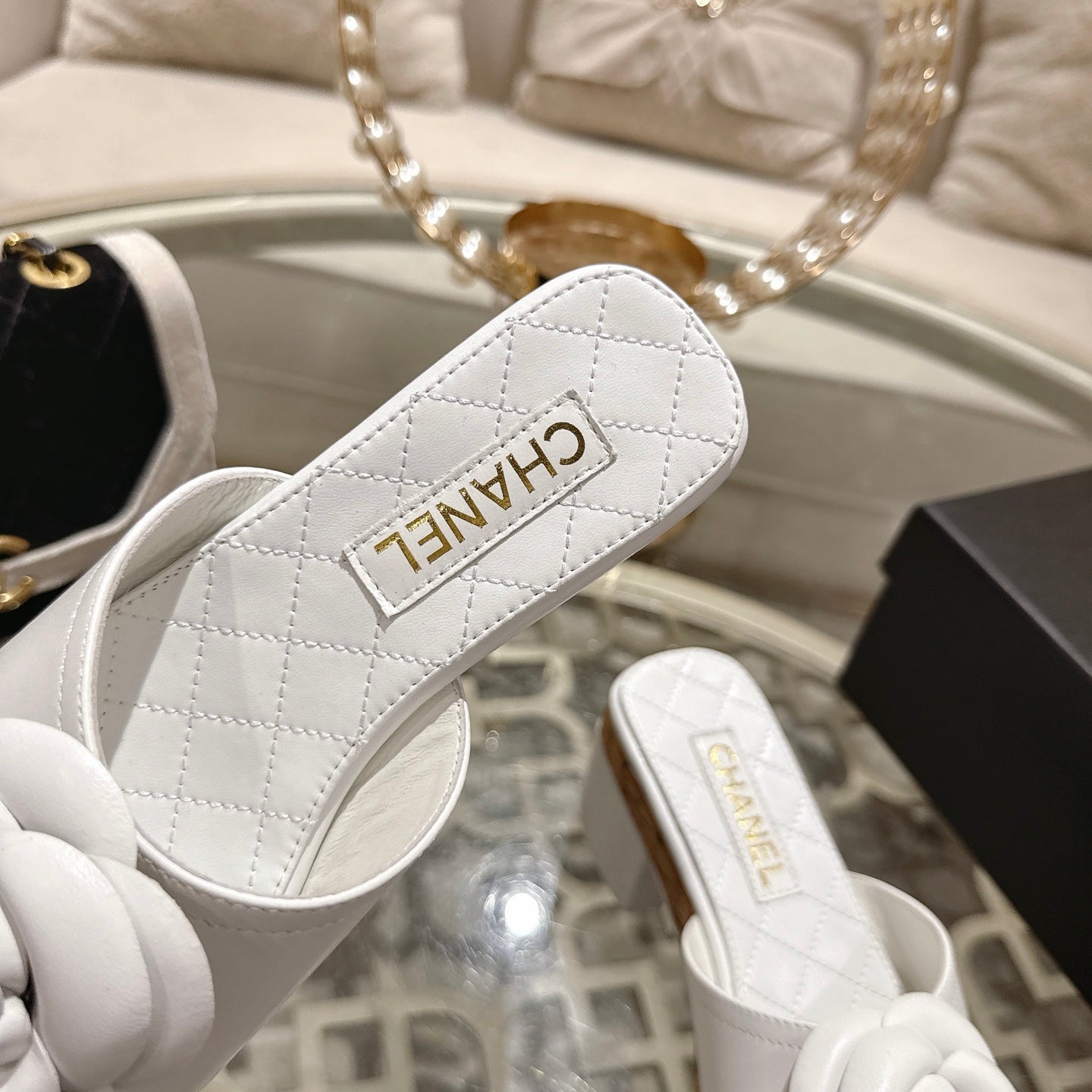 CC 26s Camellia Platform Slippers 65 White Lambskin 627047