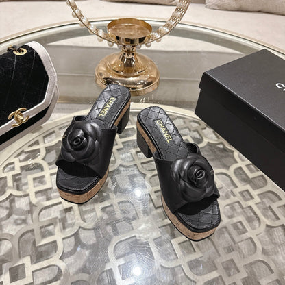 CC 26s Camellia Platform Slippers 65 Black Lambskin 627048