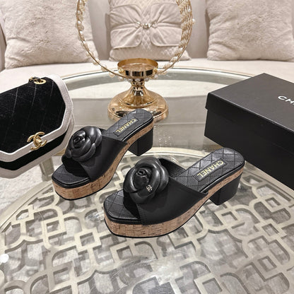 CC 26s Camellia Platform Slippers 65 Black Lambskin 627048