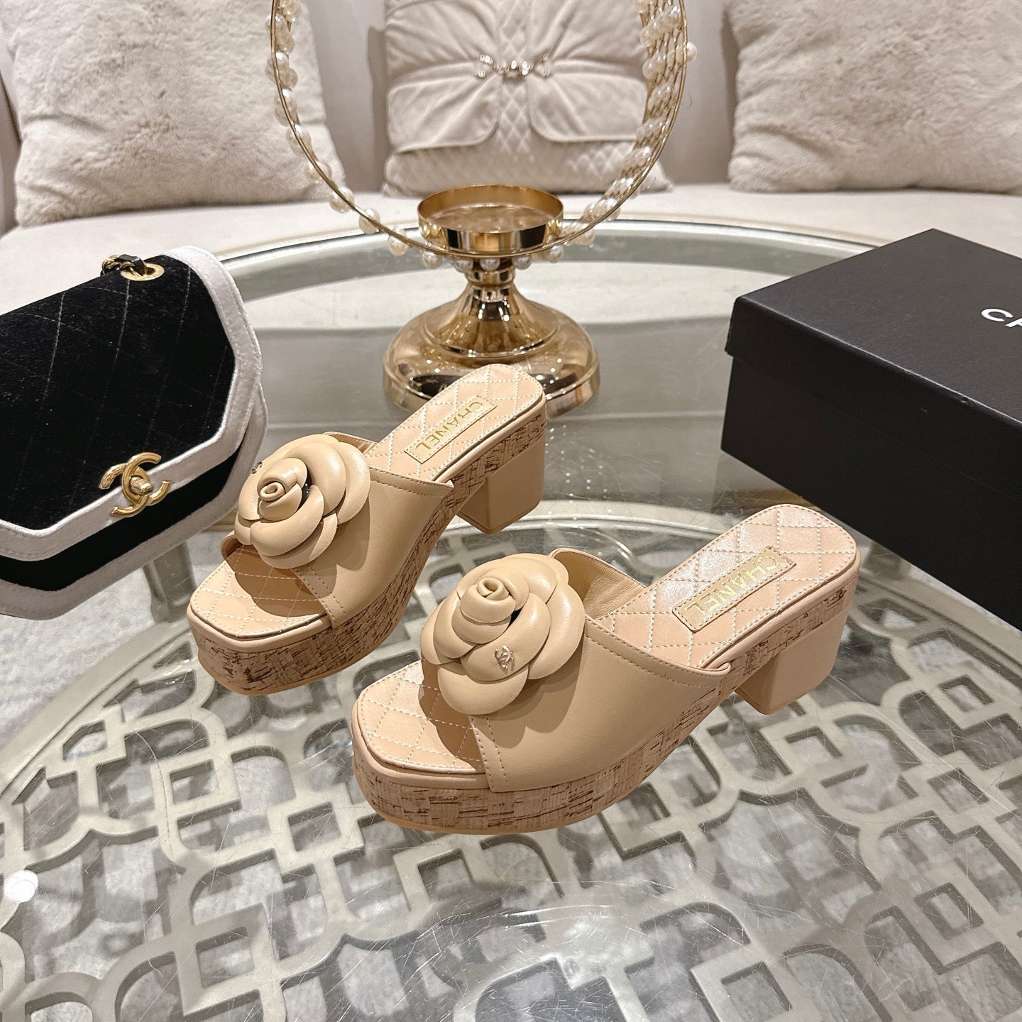 CC 26s Camellia Platform Slippers 65 Beige Lambskin 627049