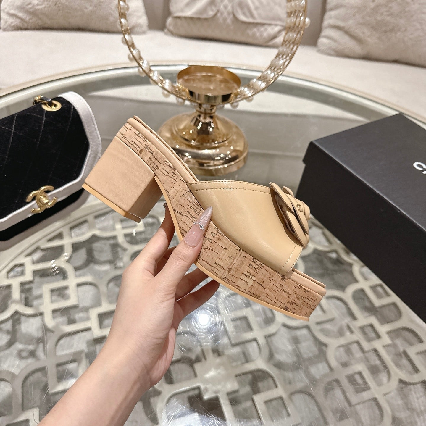 CC 26s Camellia Platform Slippers 65 Beige Lambskin 627049