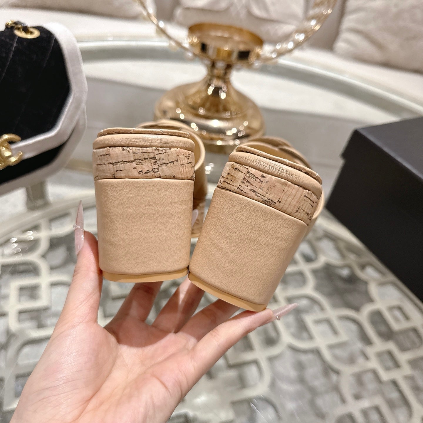 CC 26s Camellia Platform Slippers 65 Beige Lambskin 627049