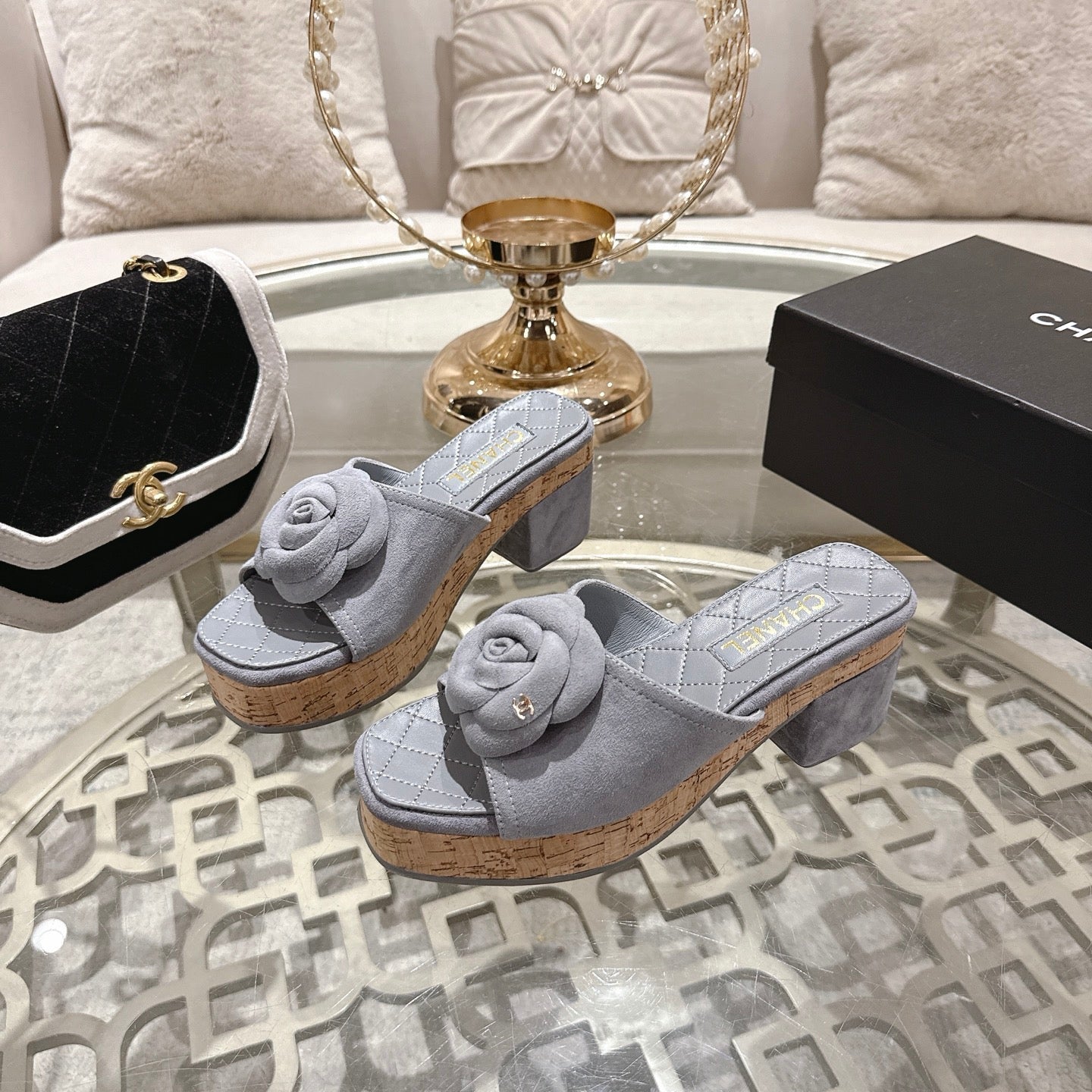 CC 26s Camellia Platform Slippers 65 Light Blue Grey Lambskin 627051