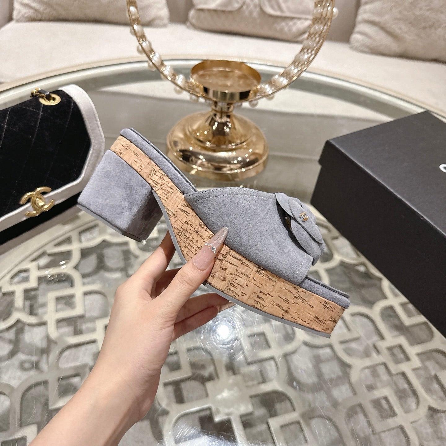 CC 26s Camellia Platform Slippers 65 Light Blue Grey Lambskin 627051