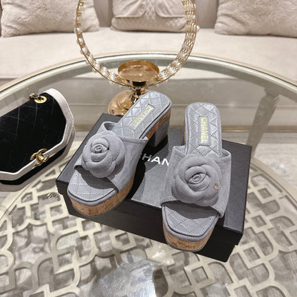 CC 26s Camellia Platform Slippers 65 Light Blue Grey Lambskin 627051