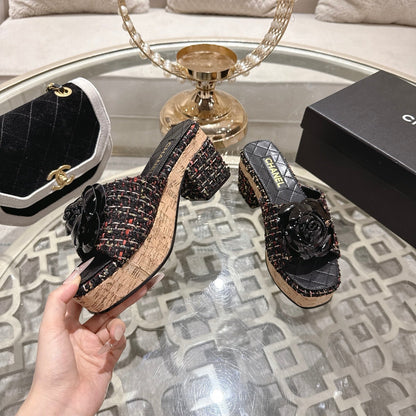 CC 26s Camellia Platform Slippers 65 Black Multicolor Tweed Leather 627052