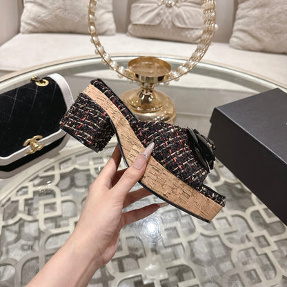 CC 26s Camellia Platform Slippers 65 Black Multicolor Tweed Leather 627052