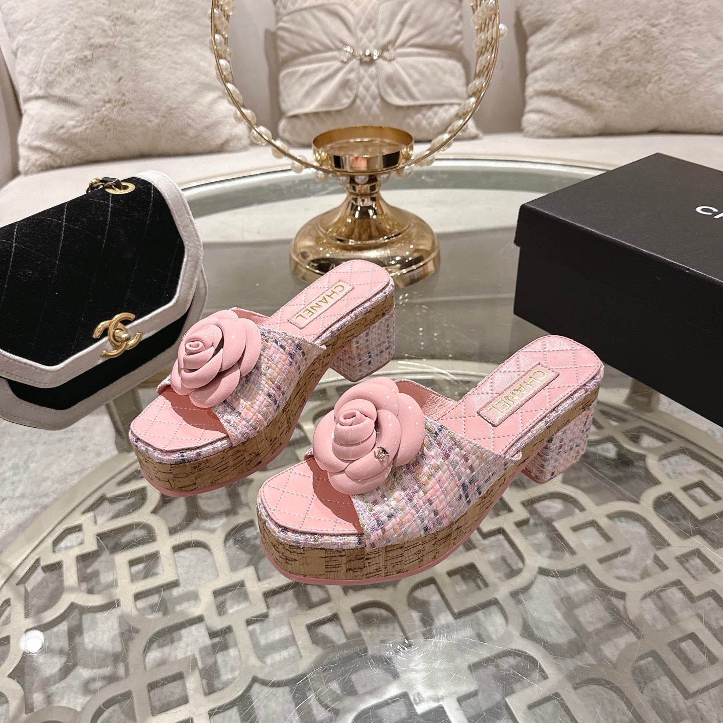 CC 26s Camellia Platform Slippers 65 Pink Tweed Leather 627057