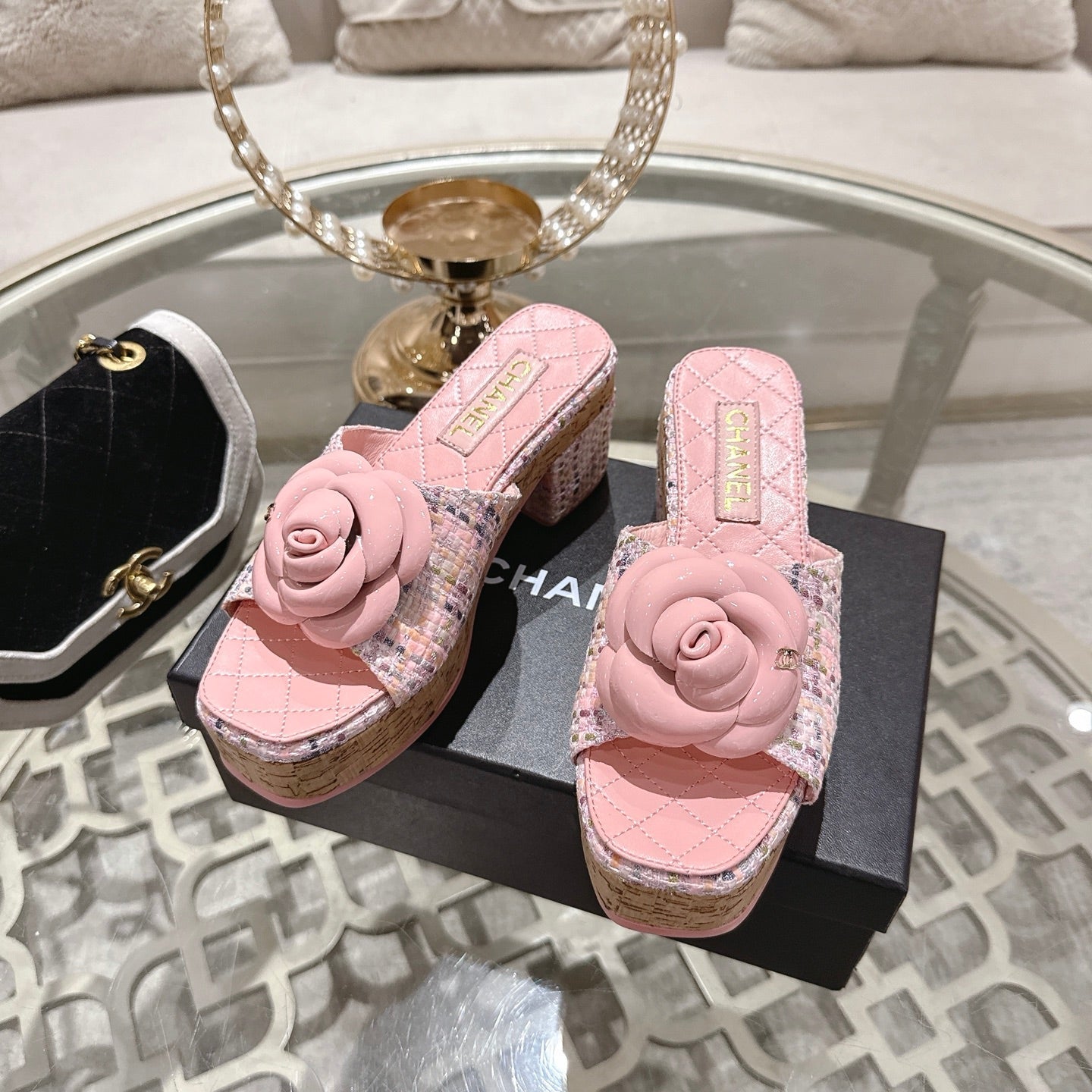 CC 26s Camellia Platform Slippers 65 Pink Tweed Leather 627057