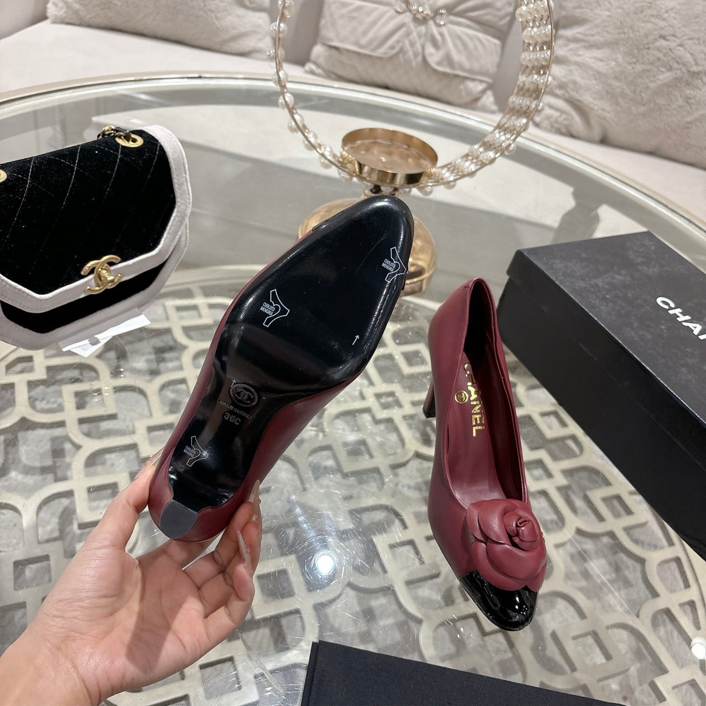 CC 26s High Heels Pump 85 Burgundy Black Sheepskin 627007