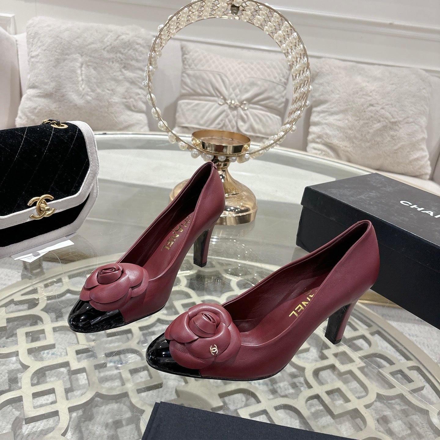 CC 26s High Heels Pump 85 Burgundy Black Sheepskin 627007