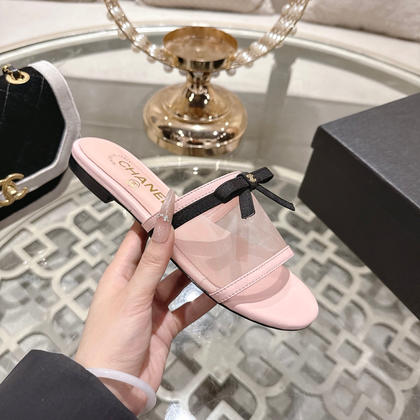 CC 26s Chunky Heel Sandals Light Pink Mesh Sheepskin 627067