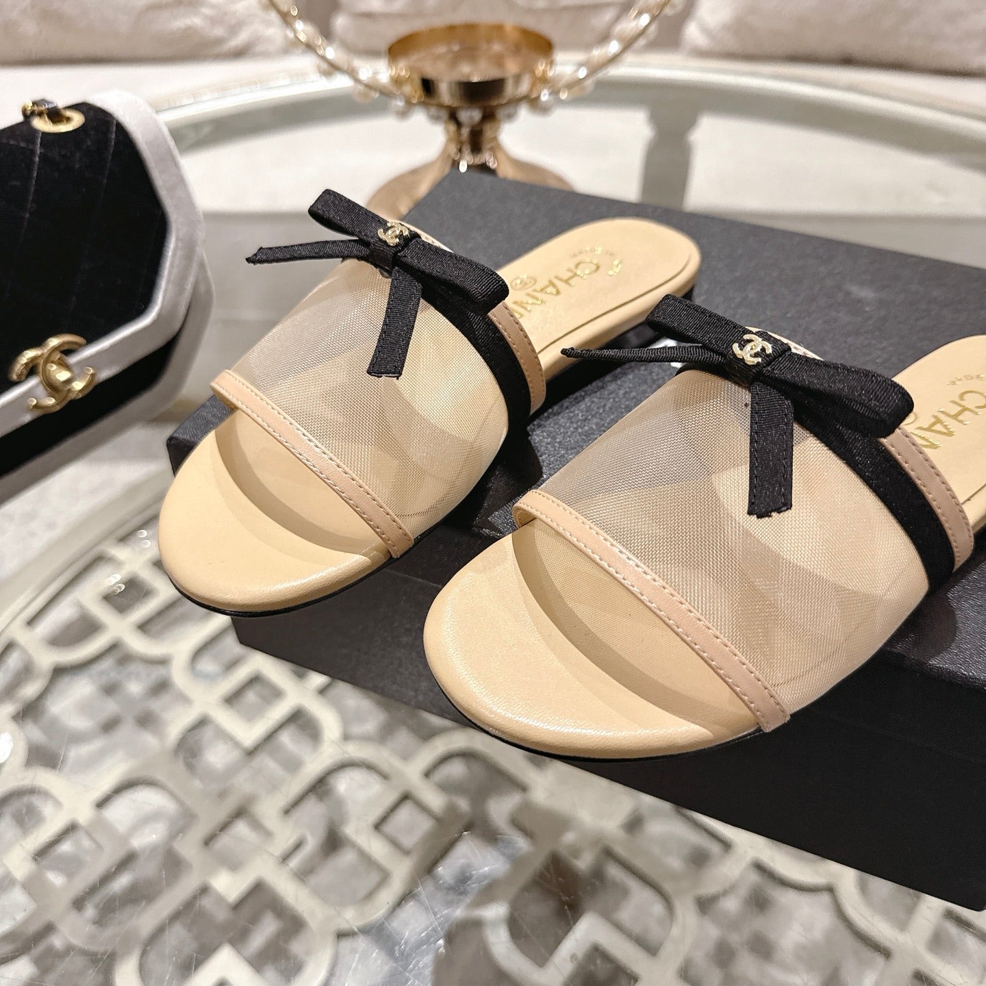 CC 26s Chunky Heel Sandals Beige Mesh Sheepskin 627068