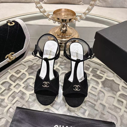 Chanel 2026 Double C Platform High-Heel Sandal Black Suede Leather 634215