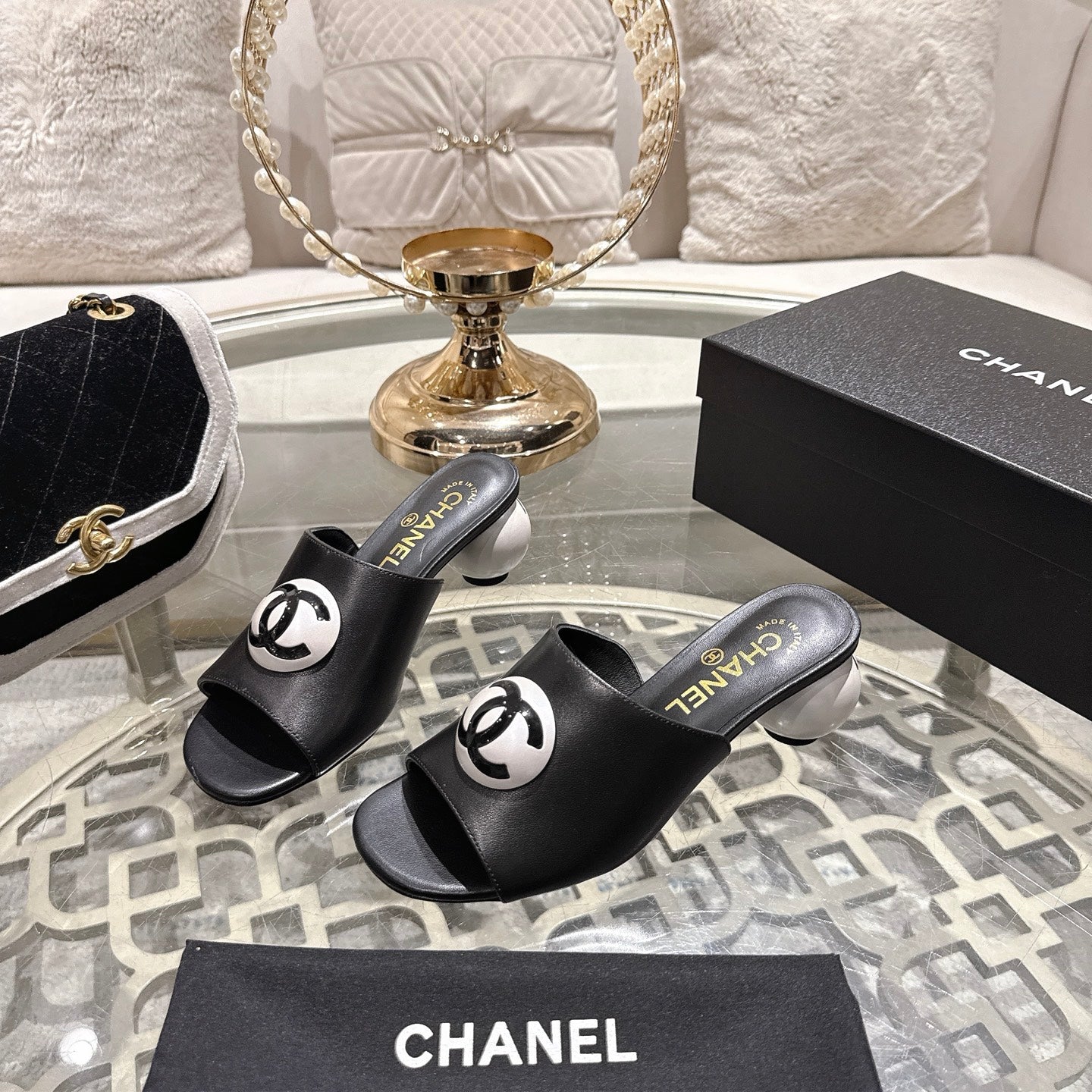 Chanel 2026 Double C Pearl High-Heeled Sandals Leather Lambskin 834456