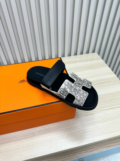 HM 26ss Slippers White Gray Black Suede Leather 618578
