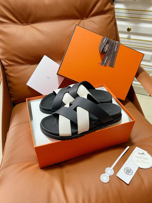 HM 2026 Cross Sandals Black White Canvas Calfskin 667286