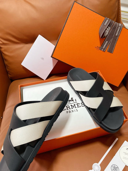 HM 2026 Cross Sandals Black White Canvas Calfskin 667286