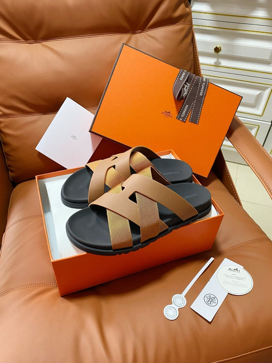 HM 2026 Cross Sandals Black Camel Brown Canvas Calfskin 667289