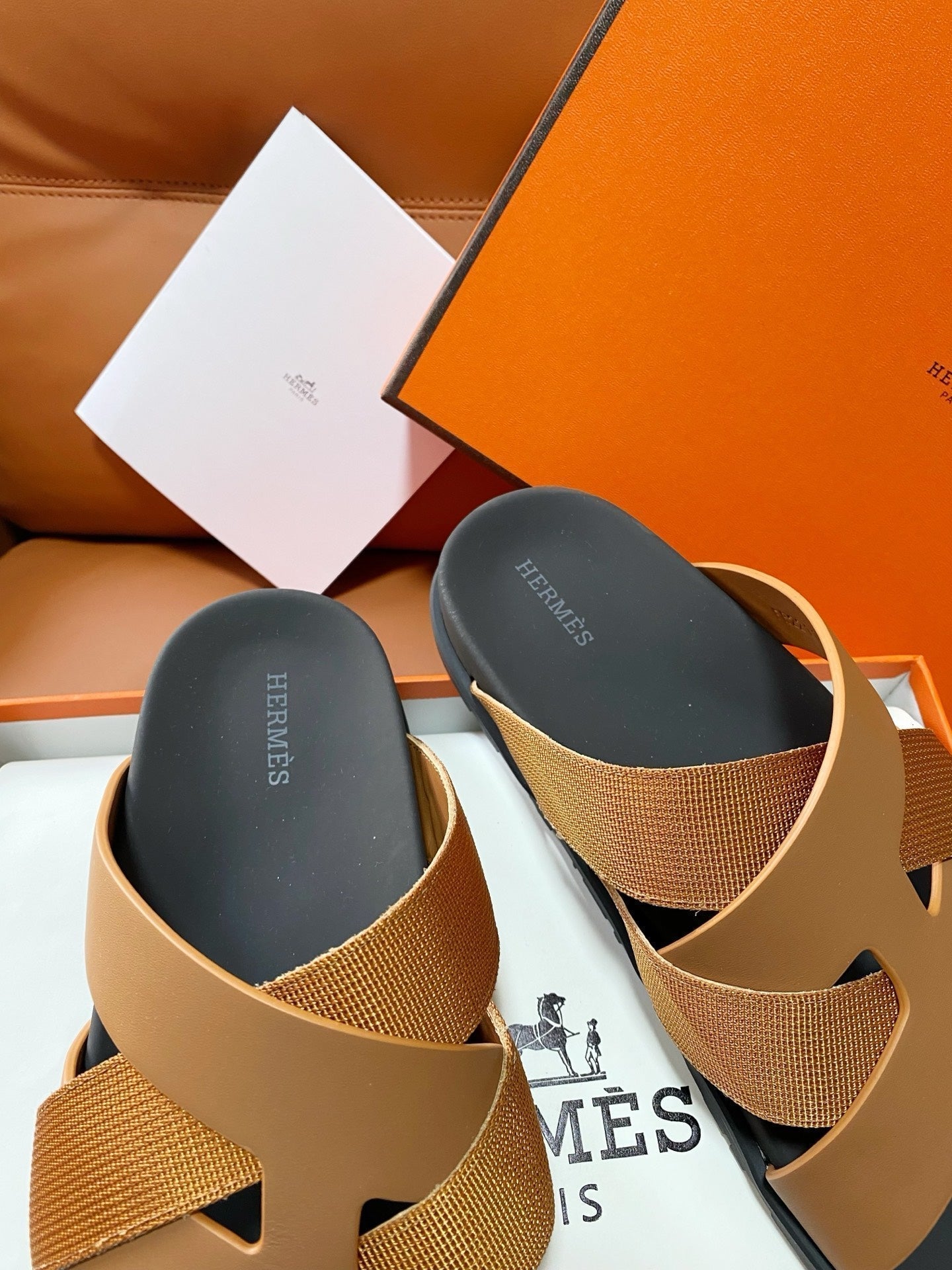 HM 2026 Cross Sandals Black Camel Brown Canvas Calfskin 667289