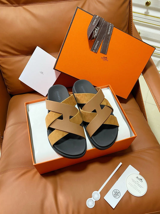 HM 2026 Cross Sandals Tan Suede Calfskin 667291