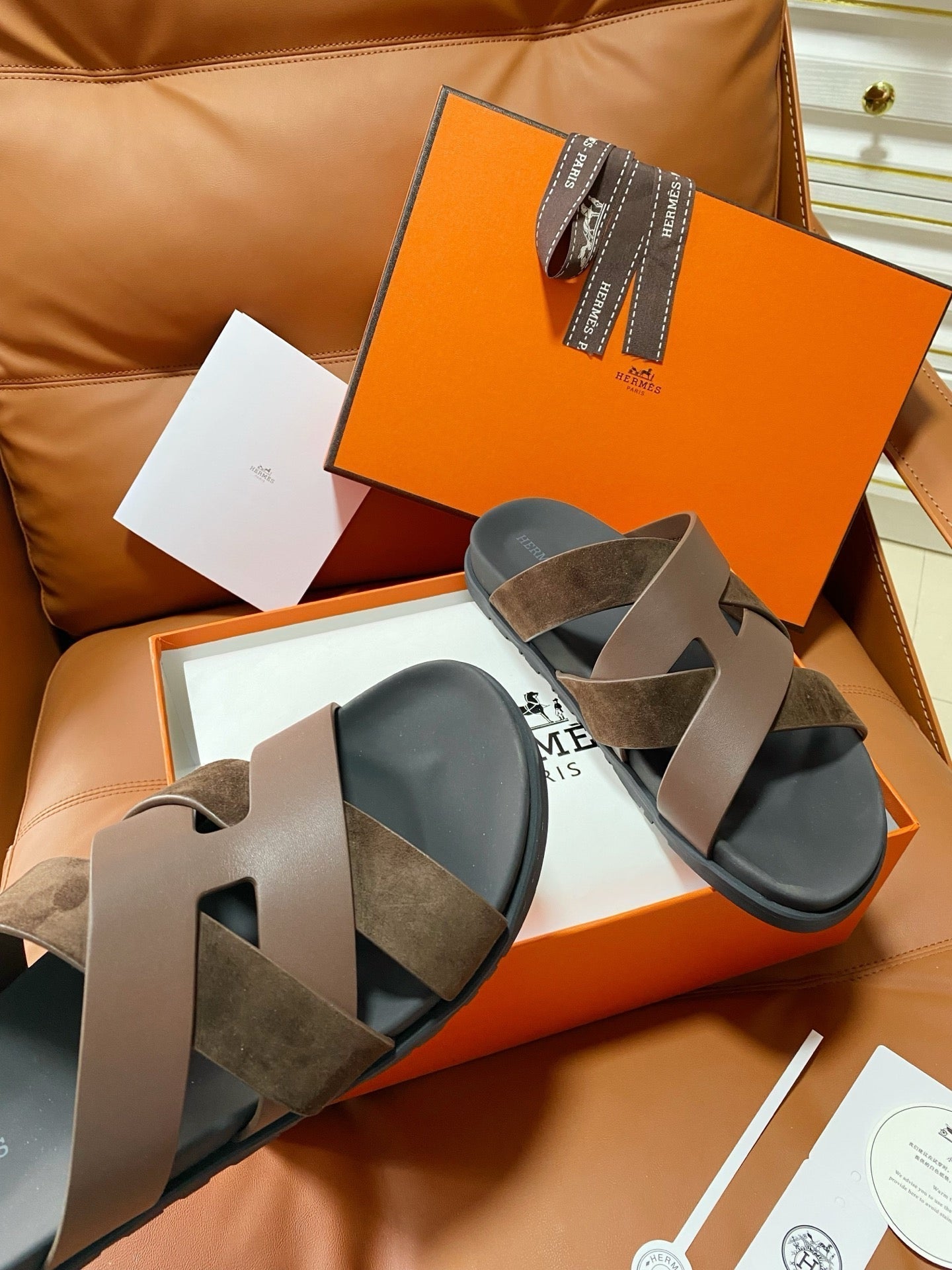 HM 2026 Cross Sandals Black Brown Suede Calfskin 667293