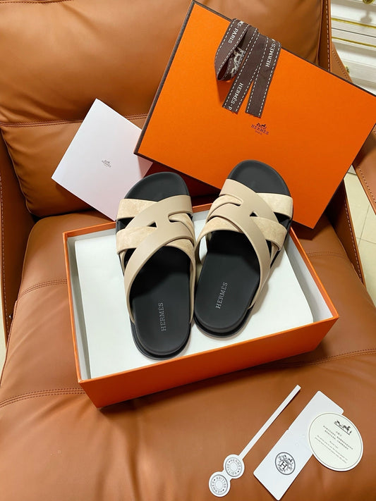 HM 2026 Cross Sandals Black Beige Suede Calfskin 667295