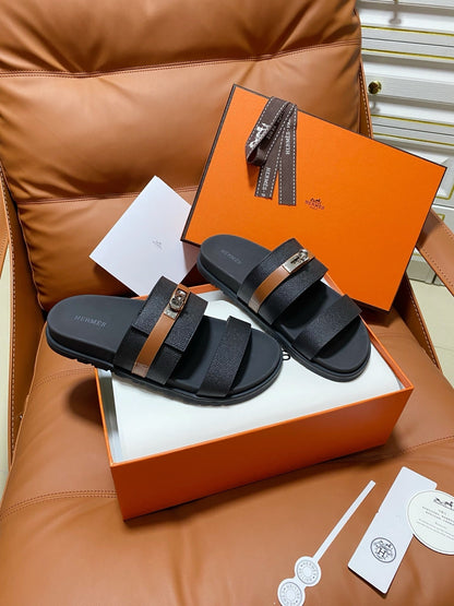 HM 2026 Velcro Sandals Black Cowhide Brown Belt 663785
