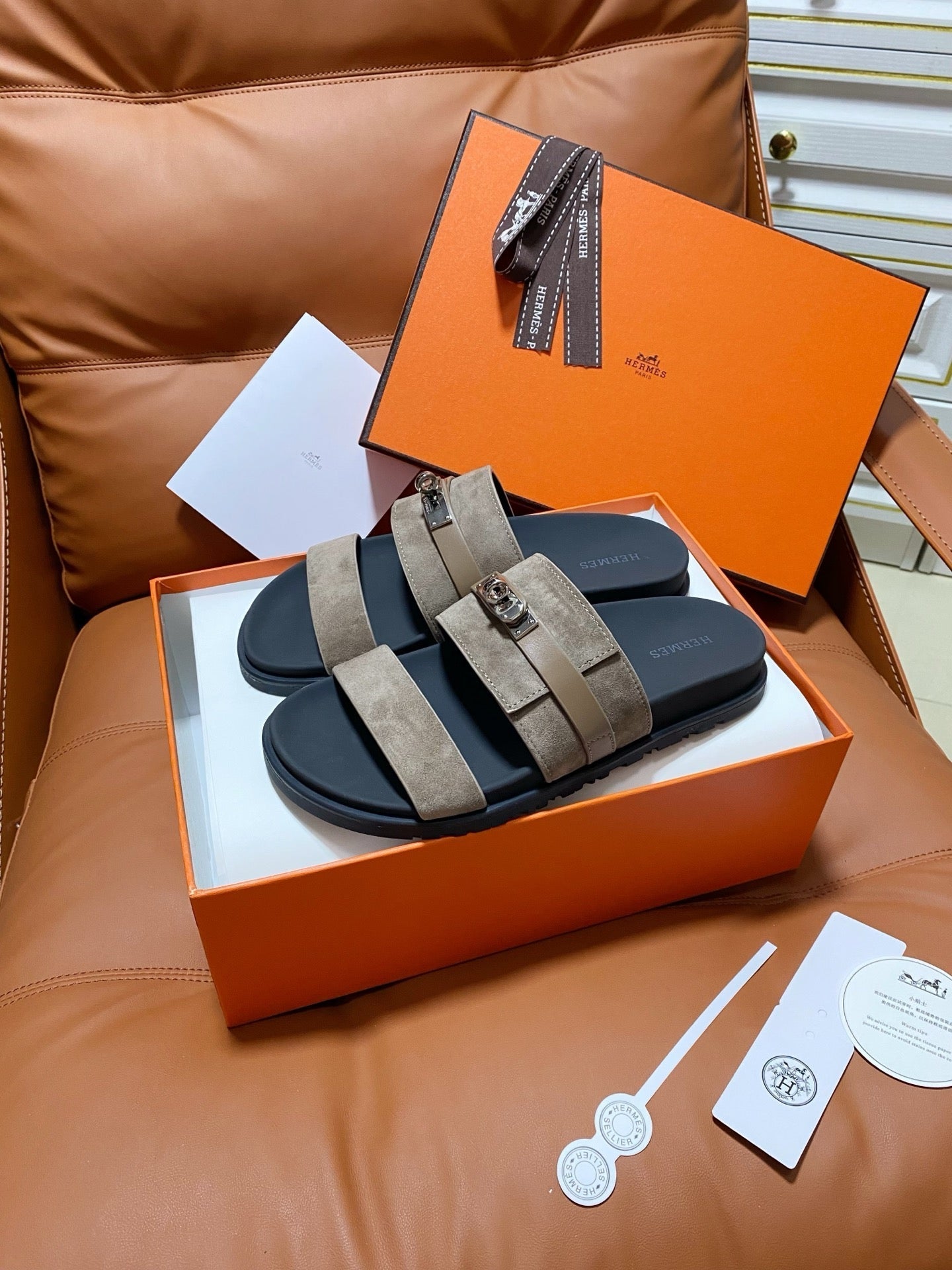 HM 2026 Velcro Sandals Black Taupe Suede Cowhide 663786
