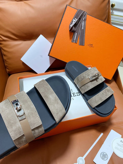 HM 2026 Velcro Sandals Black Taupe Suede Cowhide 663786