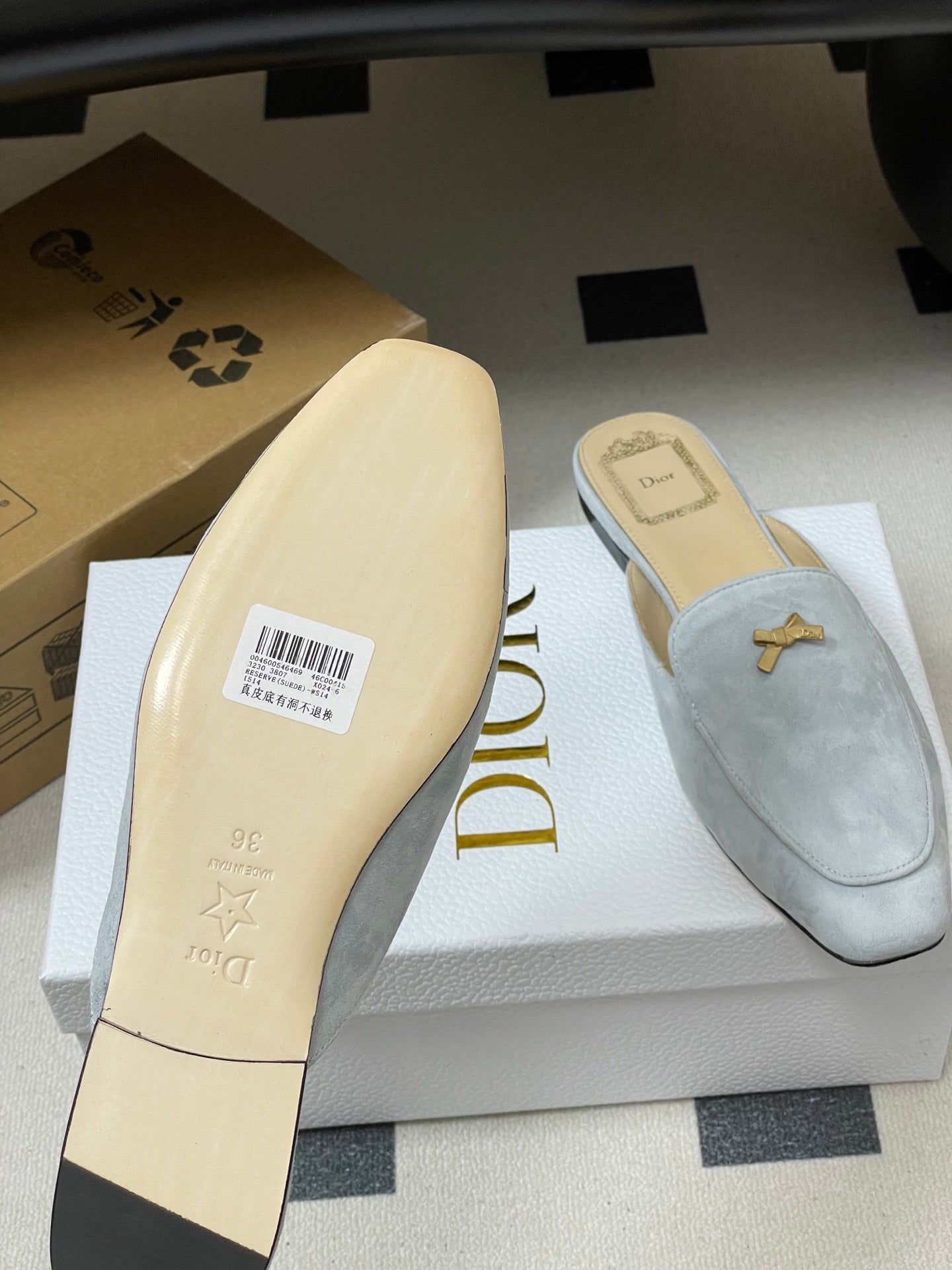 CD 26 Bow Mules Baby Blue Beige Suede Cowhide 632593