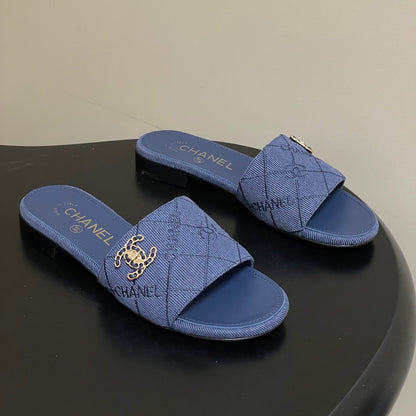 CC 26s Flat Sandals Dark Blue Canvas Sheepskin Double C 649505