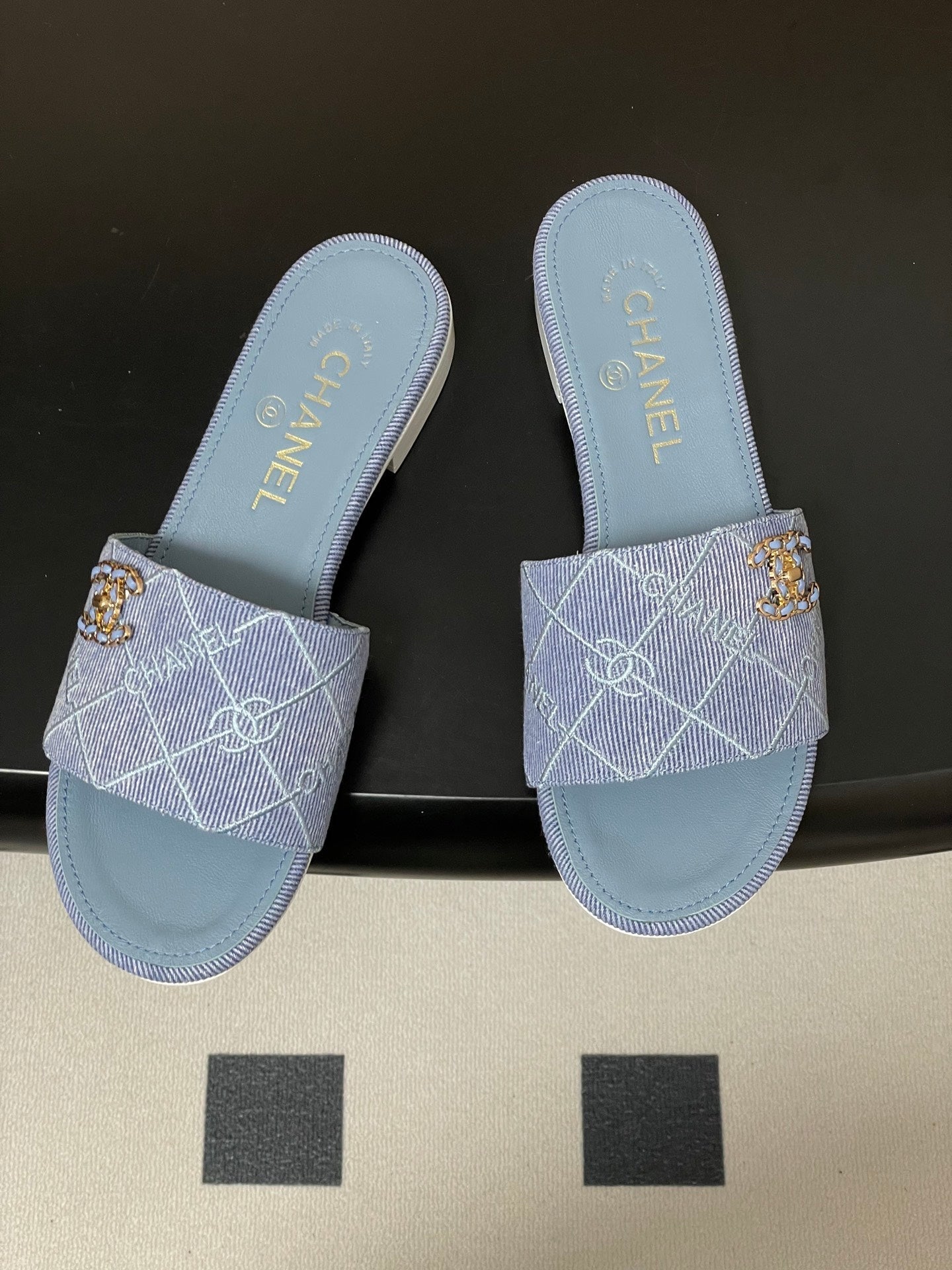 CC 26s Flat Sandals Blue Canvas Sheepskin Double C 649506