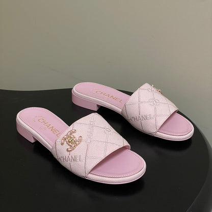 CC 26s Flat Sandals Pink Canvas Sheepskin Double C 649509
