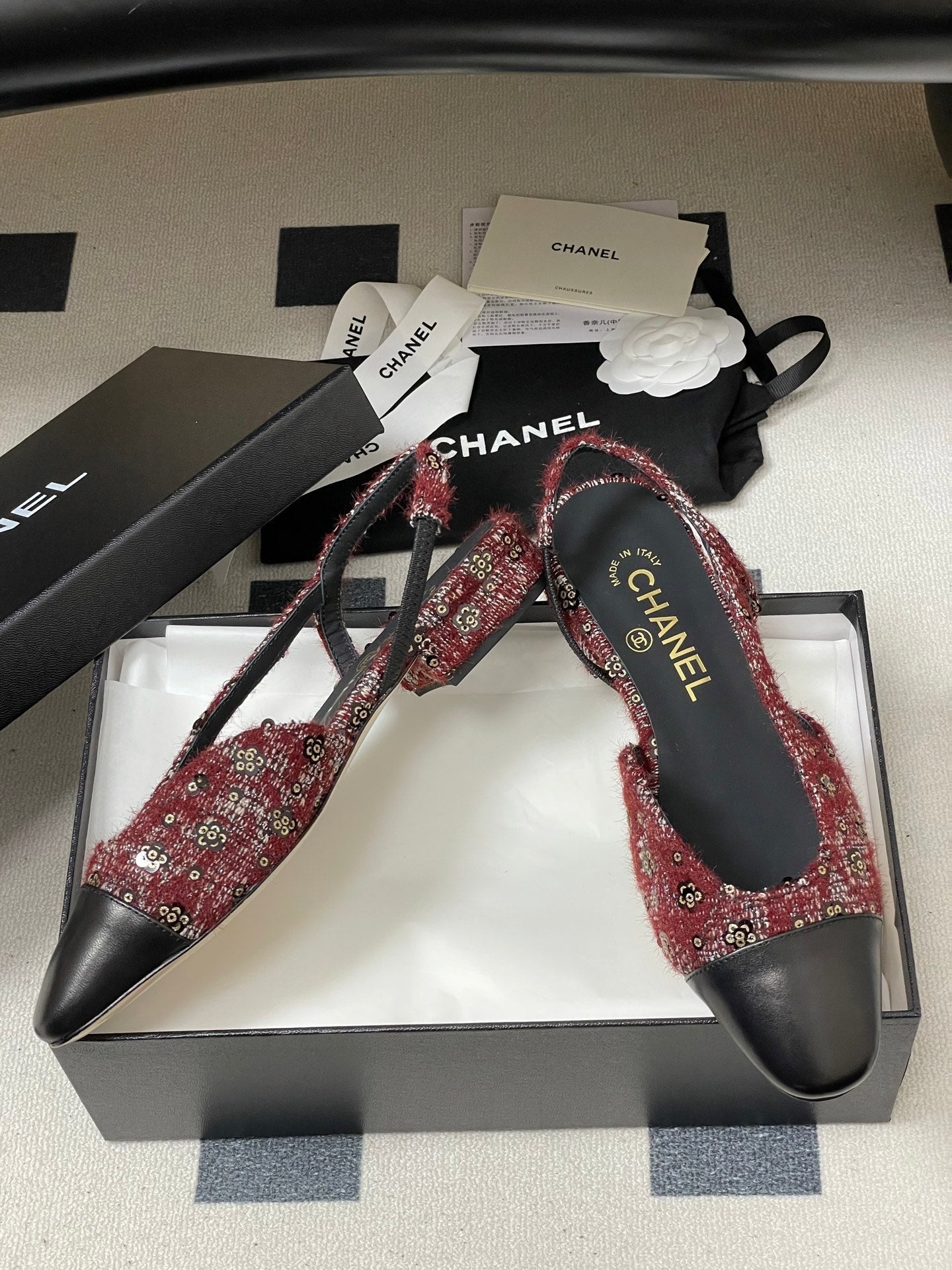 CC 26s Slingback Dark Red Black Tweed Sheepskin 649424