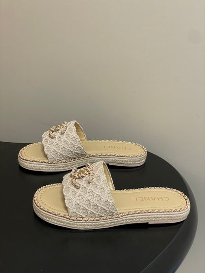 CC 26s Flat Slippers Beige Gold Fabric Sheepskin 649484