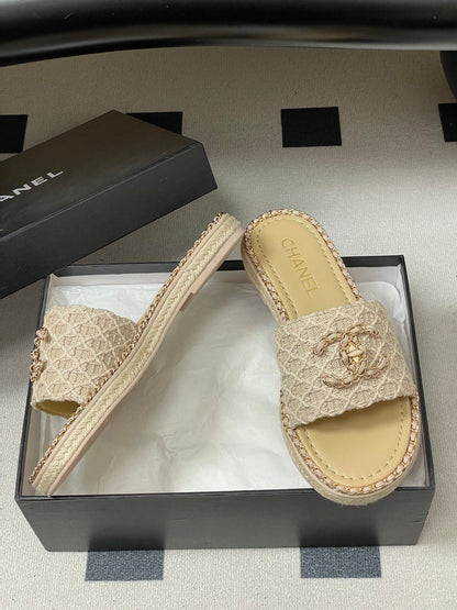 CC 26s Flat Slippers Beige Gold Fabric Sheepskin 649484