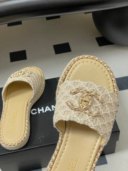 CC 26s Flat Slippers Beige Gold Fabric Sheepskin 649484
