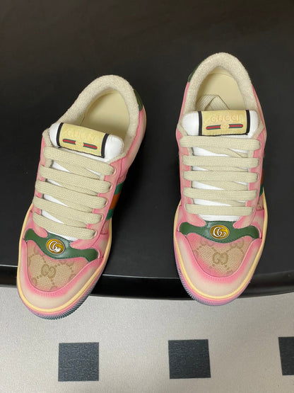 GG 26ss Screener Sneaker Beige Pink Green Fabric Calfskin 697903