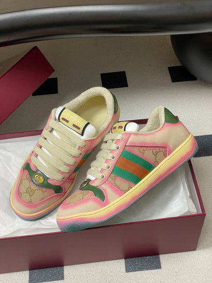 GG 26ss Screener Sneaker Beige Pink Green Fabric Calfskin 697903