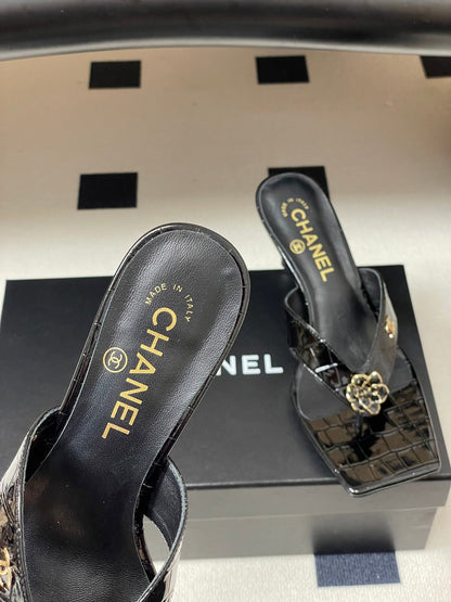 Chanel 2026 Camellia Flip-Flops High-Heeled Cowhide Sheepskin 834726