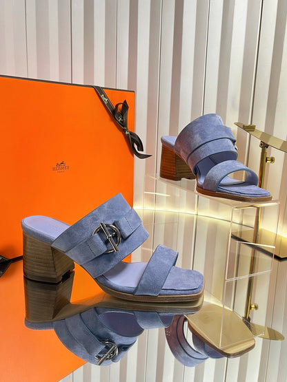 HM 26ss Kelly Buckle High-Heeled Sandals Blue Pastel Suede 641962