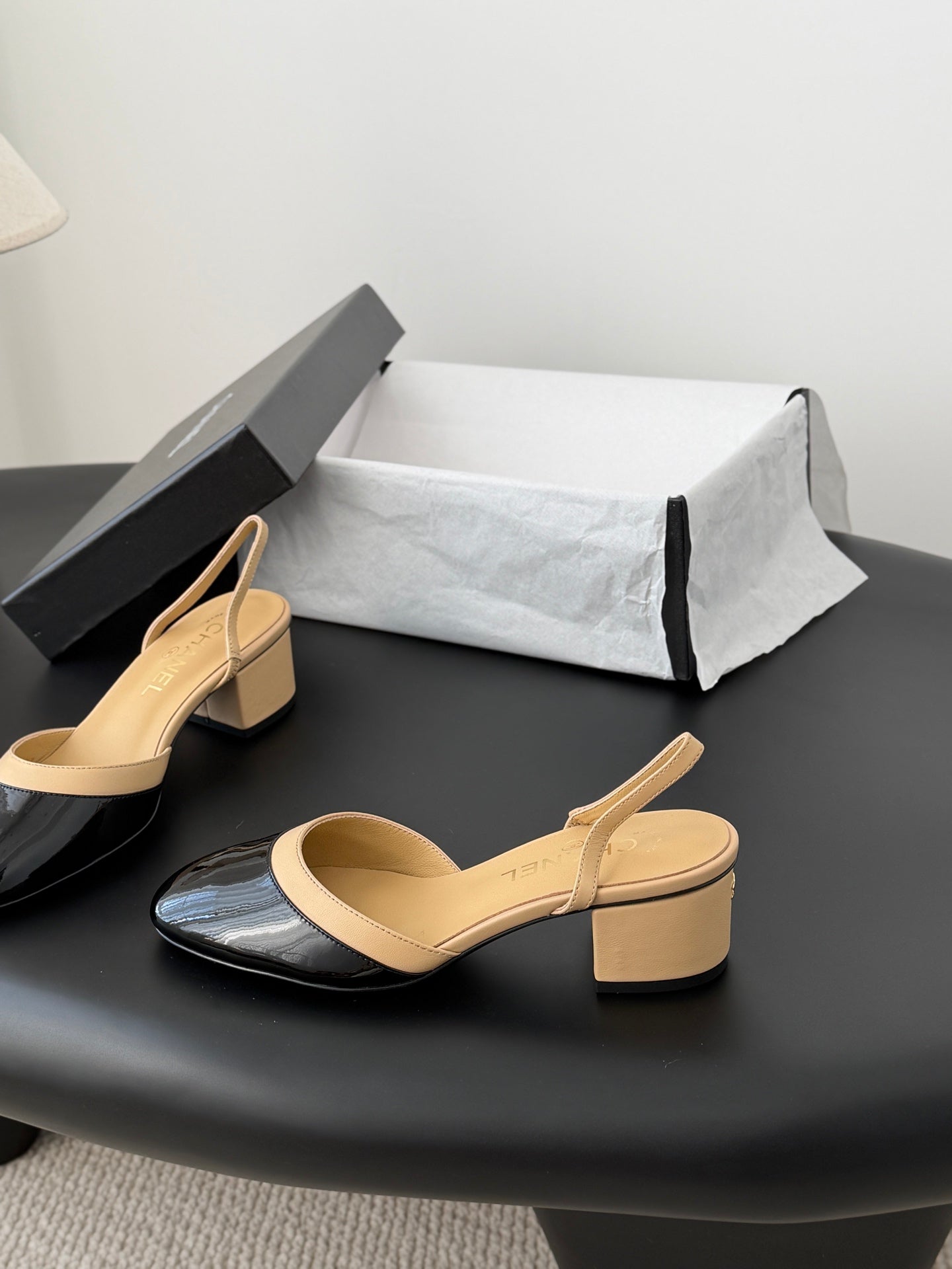 Chanel 2026 Slingback Black Beige Lambskin & Patent Calfskin 605326