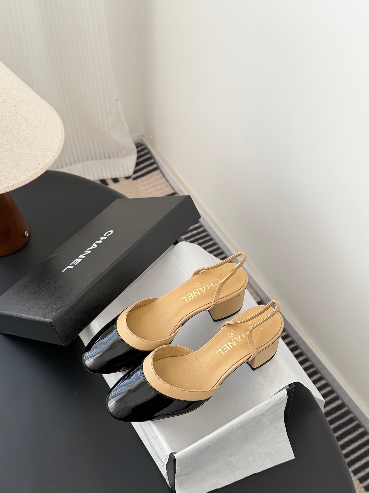 Chanel 2026 Slingback Black Beige Lambskin & Patent Calfskin 605326