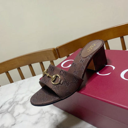 GG 26SS Chunky Heeled Sandals 65 Dark Brown Canvas Leather 640623