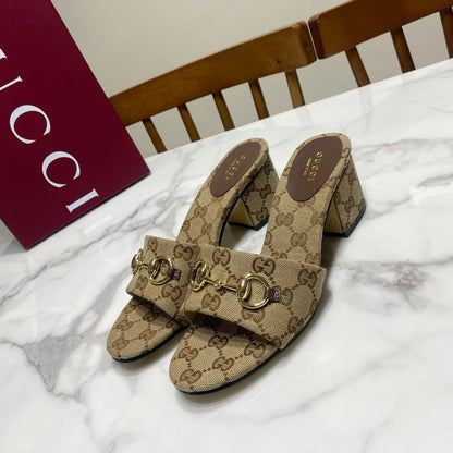 GG 26SS Chunky Heeled Sandals 65 Beige White Canvas Leather 640621
