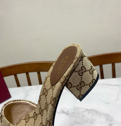 GG 26SS Chunky Heeled Sandals 65 Beige Brown Canvas Leather 640622